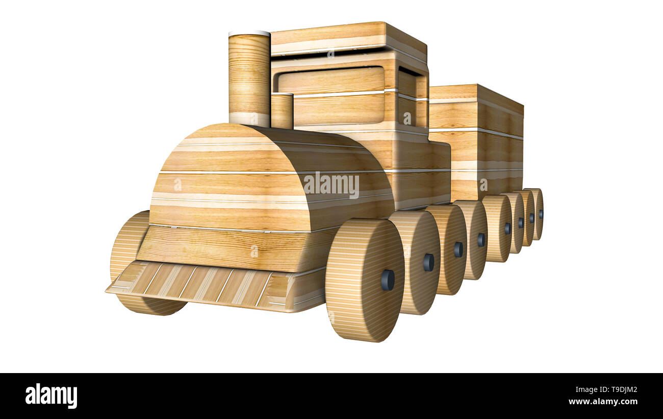 Treni di legno con carri su un bianco. Il rendering 3D Foto Stock