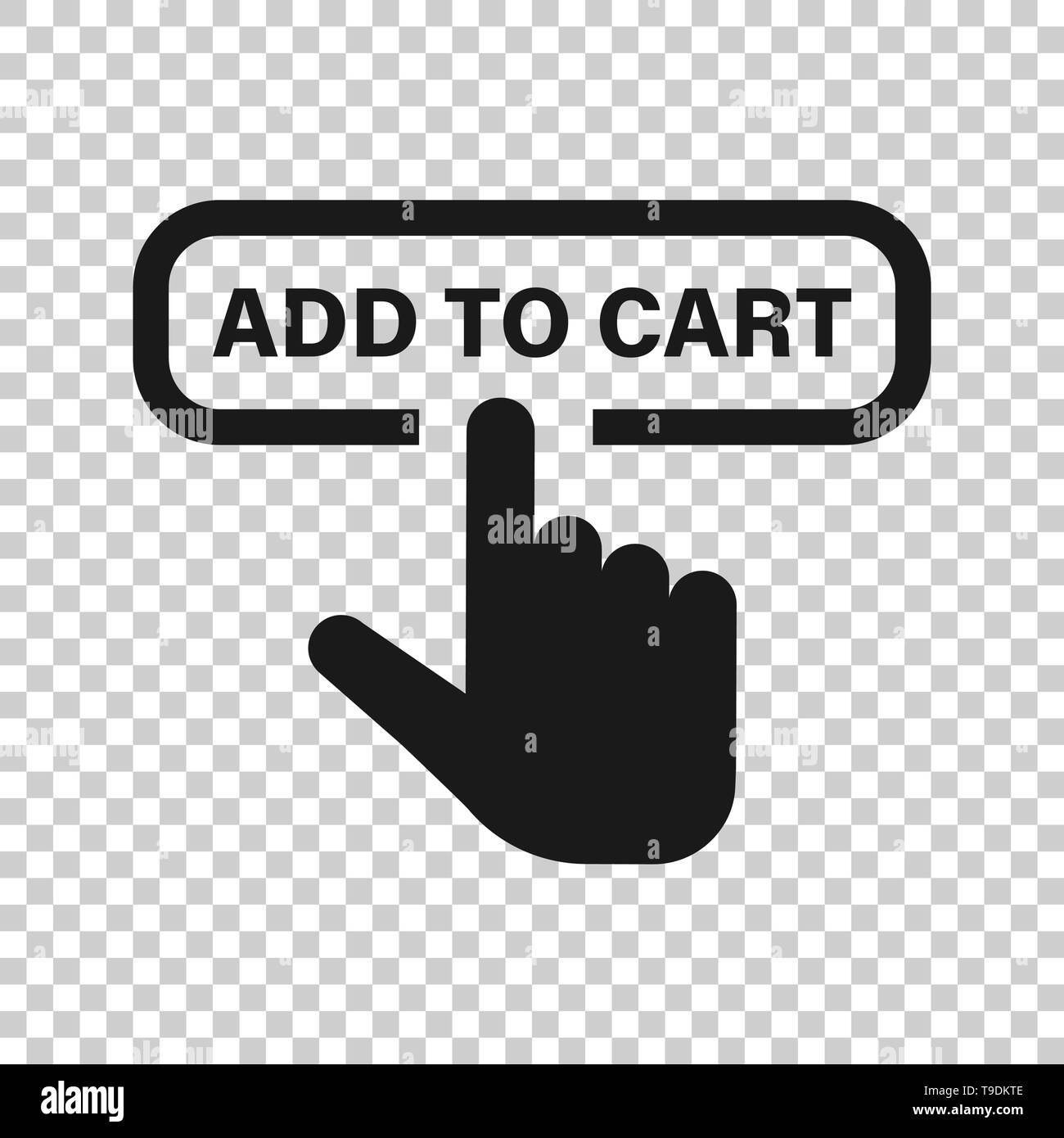 Aggiungere al carrello shop icona in stile trasparente. Cursore del dito illustrazione vettoriale su sfondo isolato. Fare clic sul pulsante concetto aziendale. Illustrazione Vettoriale