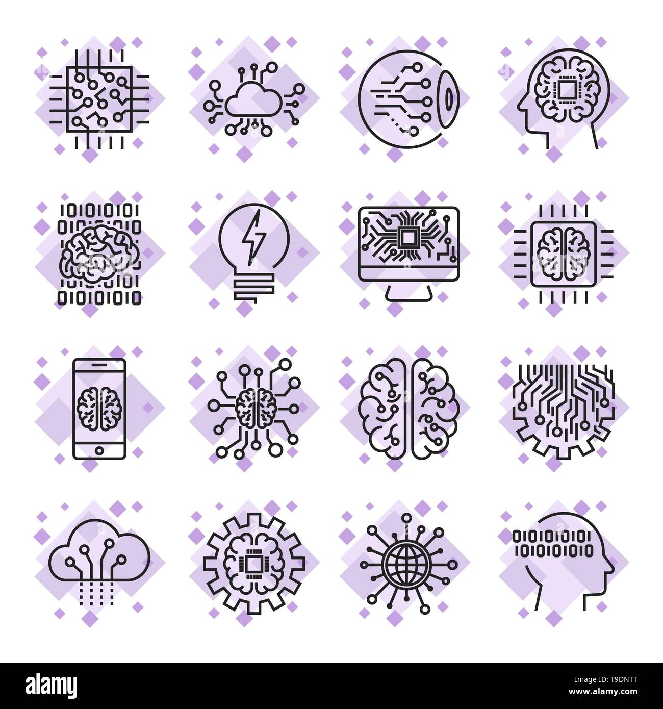 Imposta icona per intelligenza artificiale concetto ai vari simboli per l'argomento Utilizzo di design piatto. Corsa modificabile. Illustrazione Vettoriale