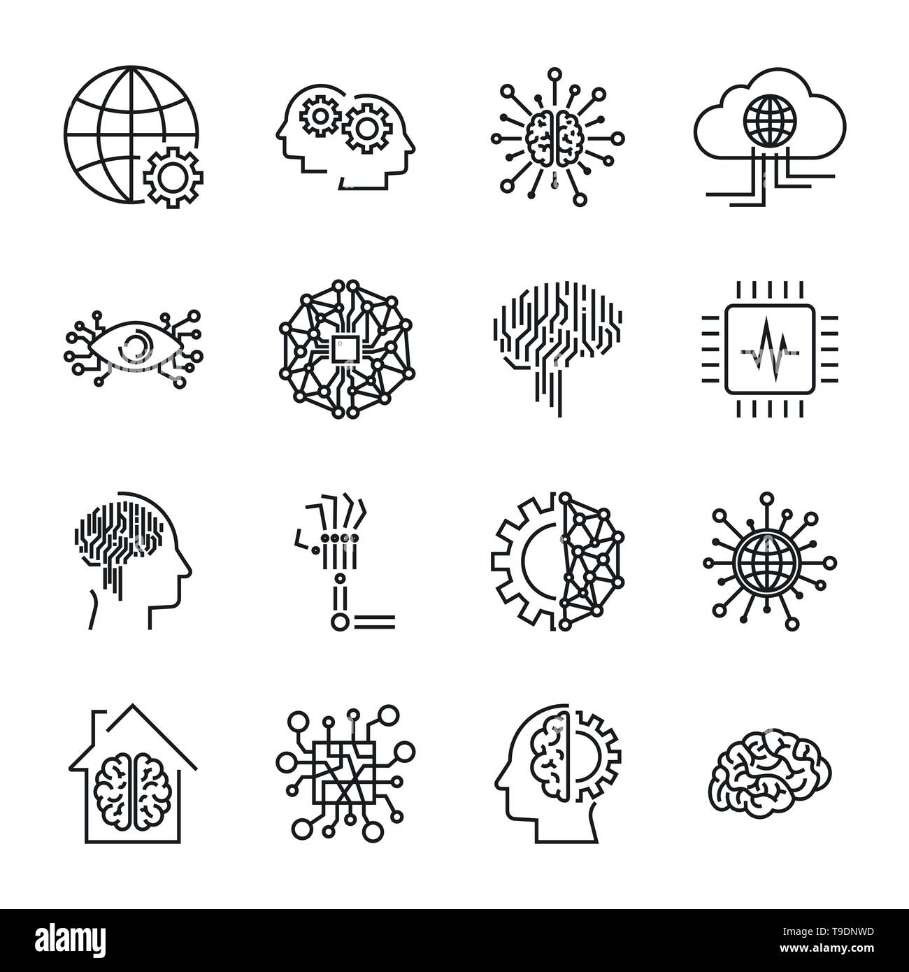 Intelligenza artificiale e robot vettore correlati icon set. Esso co Illustrazione Vettoriale