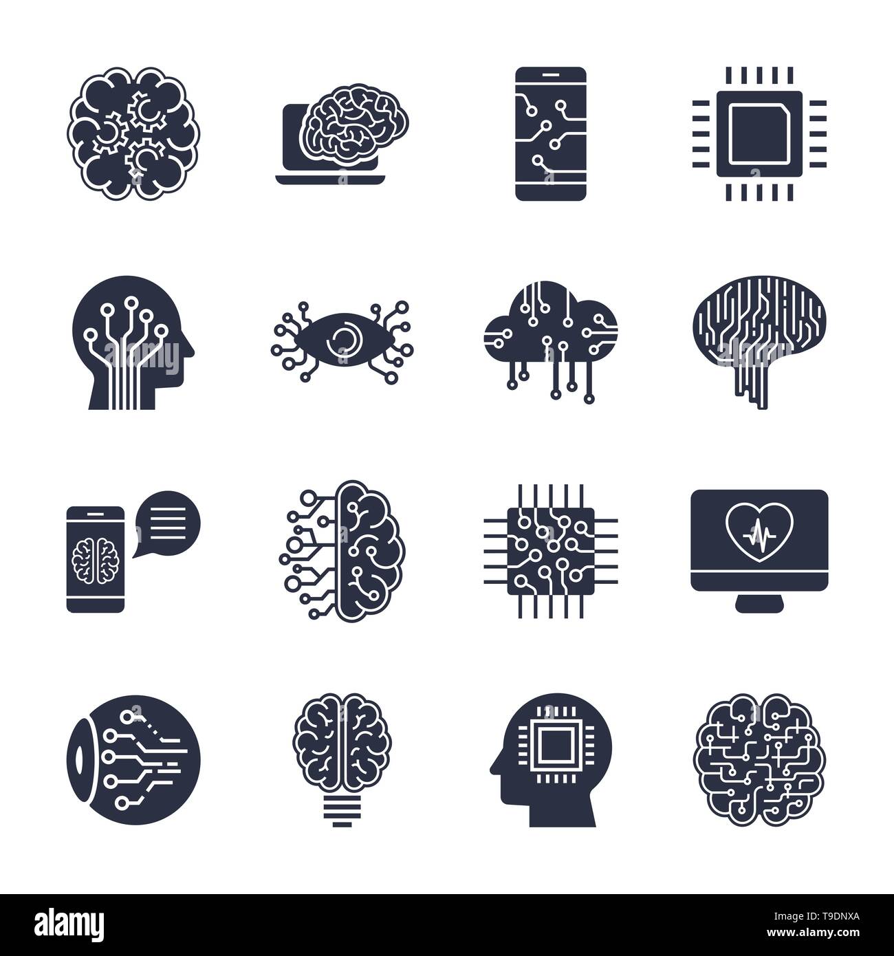 Semplice insieme di intelligenza artificiale relative icone di linea contiene tali icone come droid, occhio, chip, cervello Illustrazione Vettoriale