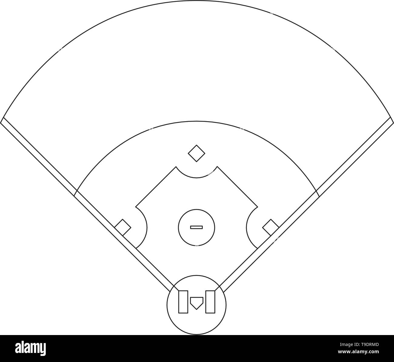 Campo da Baseball panoramica linea disegno vettoriale in bianco e nero Illustrazione Vettoriale