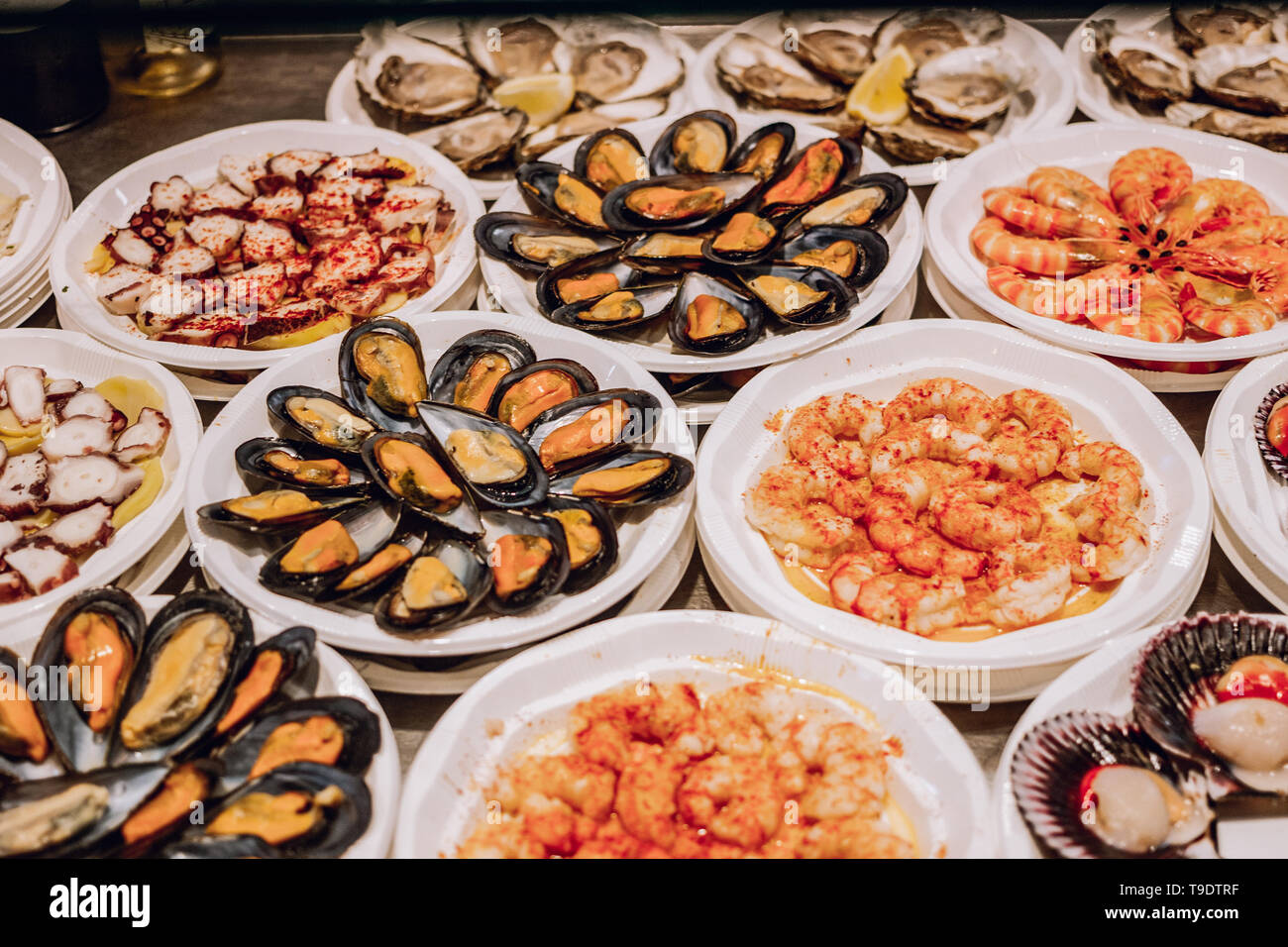 Selezione di frutti di mare presso il banco buffet. mare le cozze in una piastra monouso circondato con il pesce e i frutti di mare sul contatore. Foto Stock