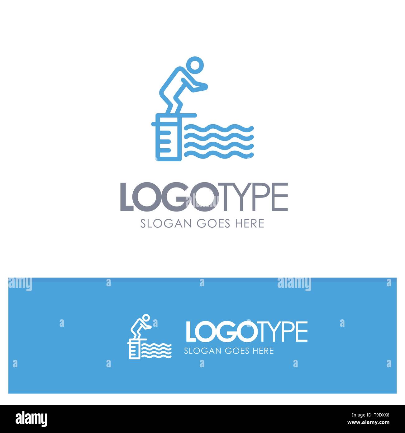 Immersioni subacquee, Jump, piattaforma, piscina, sport contorno blu Logo con posto per slogan Illustrazione Vettoriale