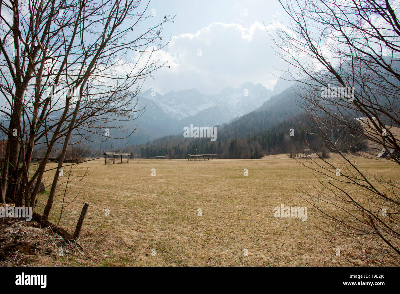Campo aperto e montagne coperte di neve Foto Stock