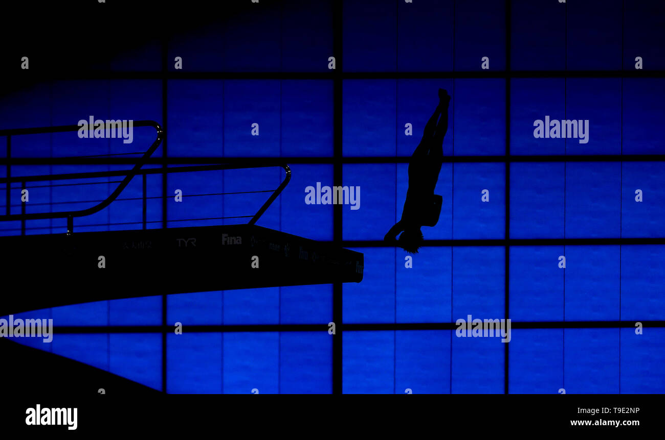 Silhouette di un subacqueo dall'10m Platform durante il giorno due del Diving World Series a London Aquatics Centre di Londra. Foto Stock