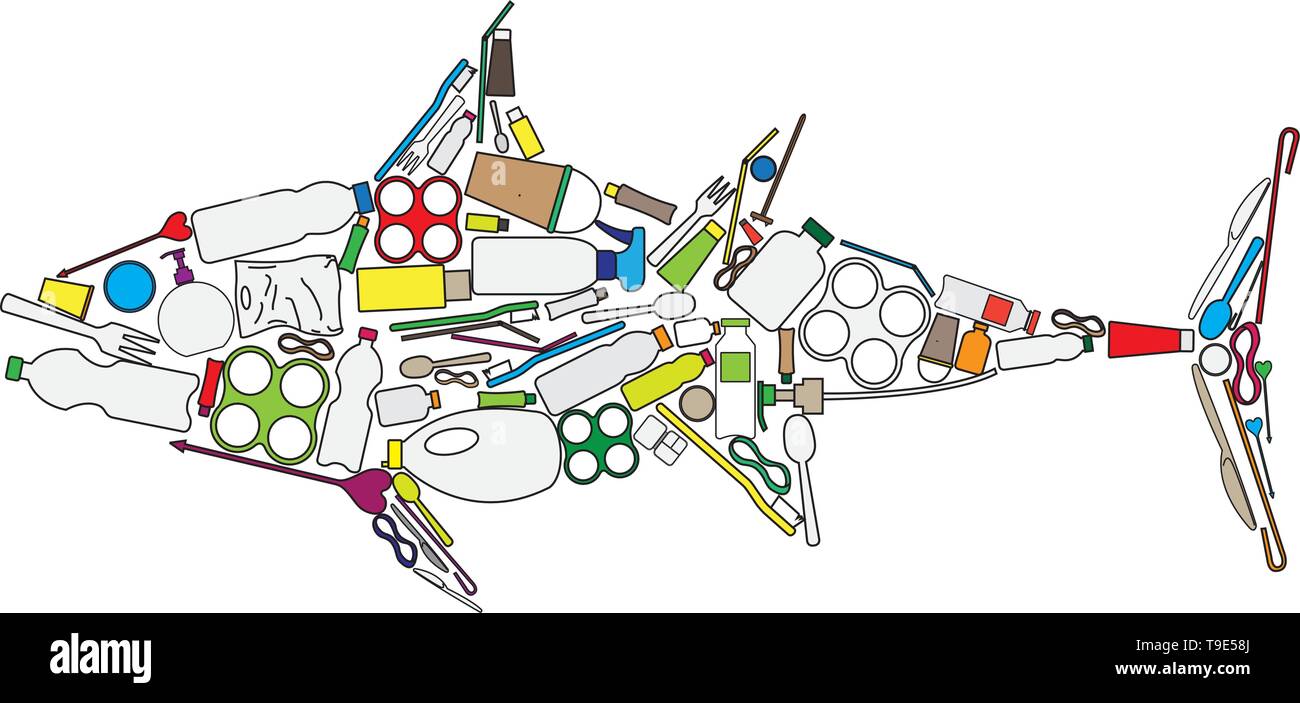 Tonno costruire da colorate rifiuti in plastica isolato su sfondo bianco. Illustrazione Vettoriale
