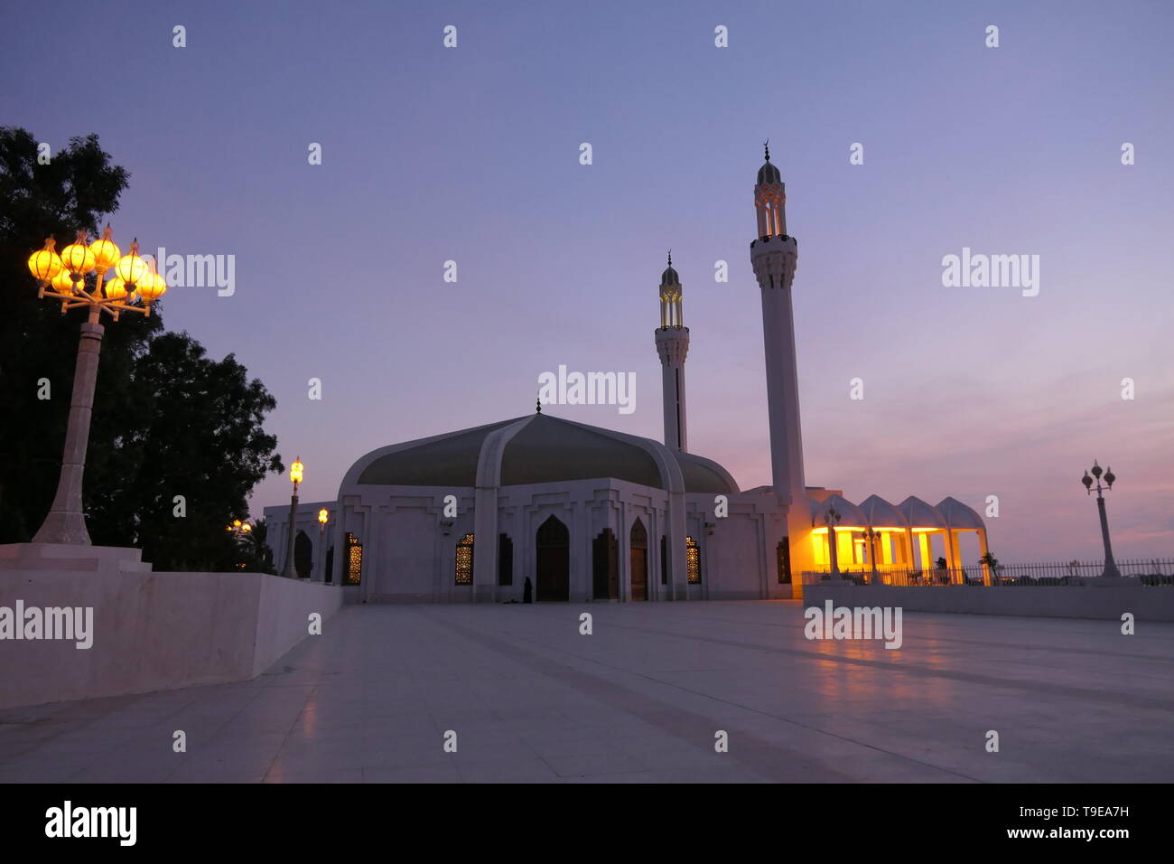Bella vista laterale del Hassan Enany moschea nel crepuscolo della sera a Jeddah, Arabia Saudita Foto Stock