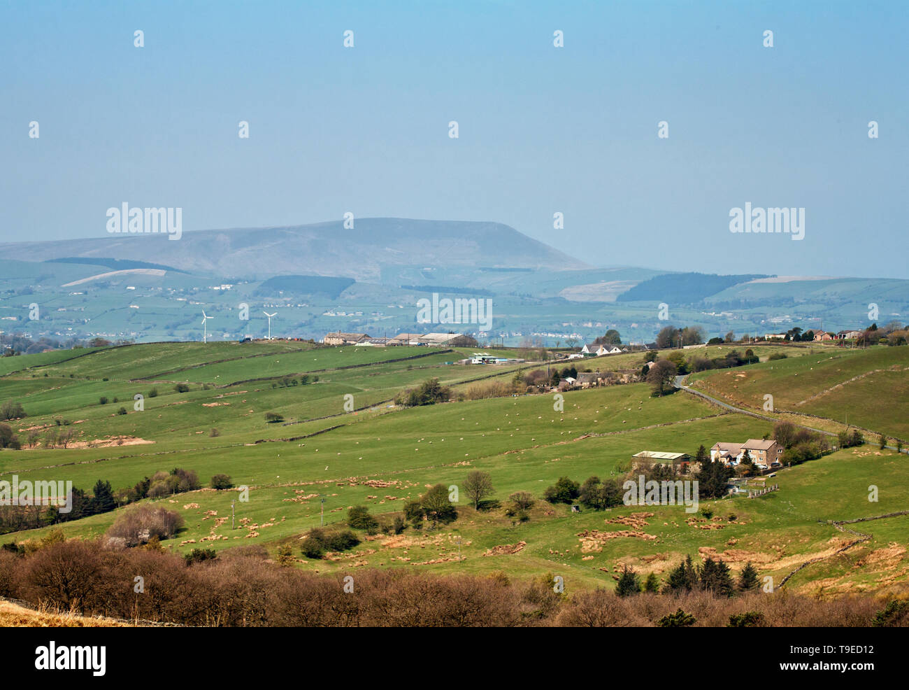 Guardando attraverso la valle Thursden presso la lontana Pendle Hill, diffusa da haze Foto Stock