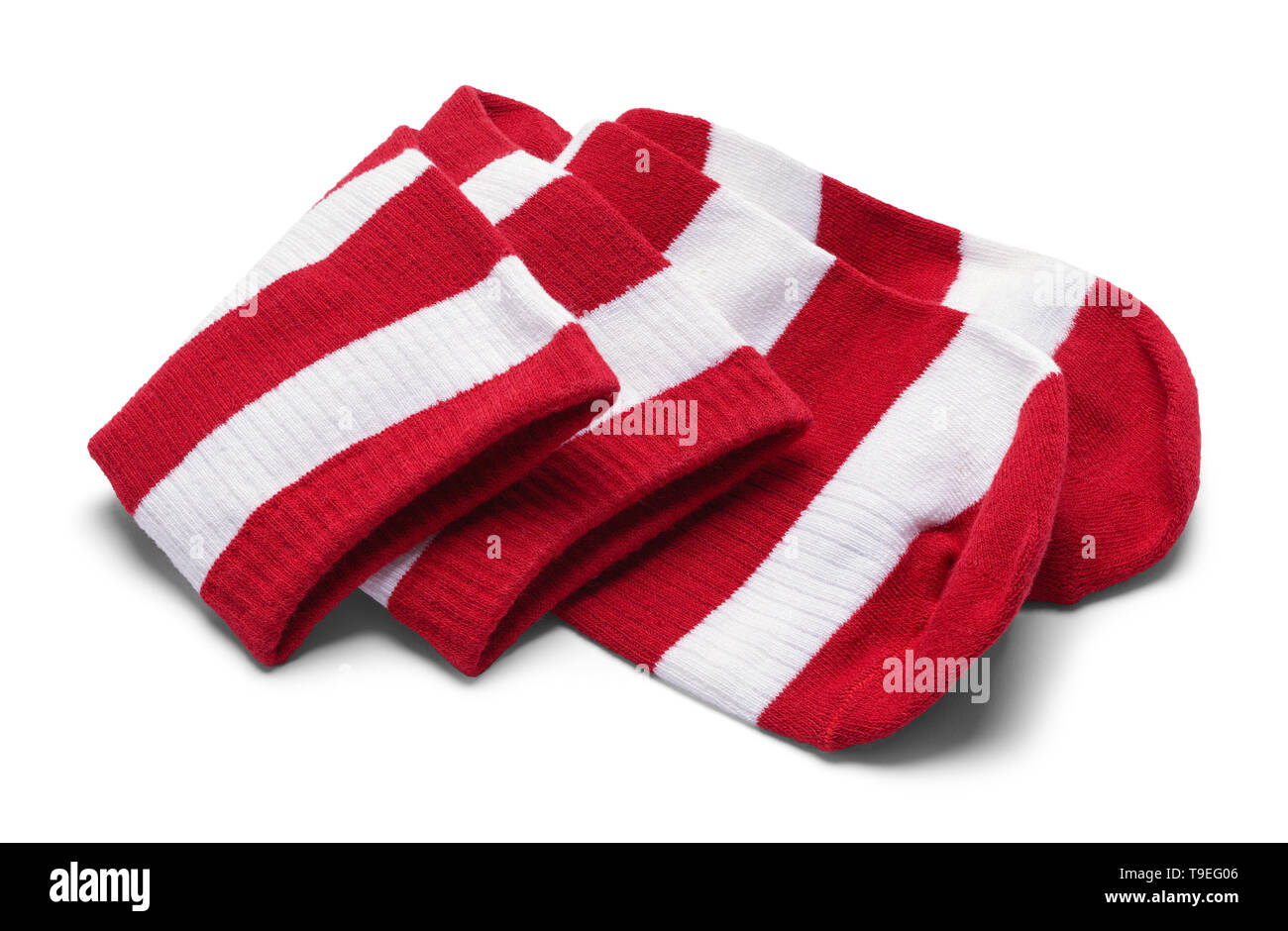 Due a strisce rosse e bianche calze ripiegate isolato su bianco. Foto Stock