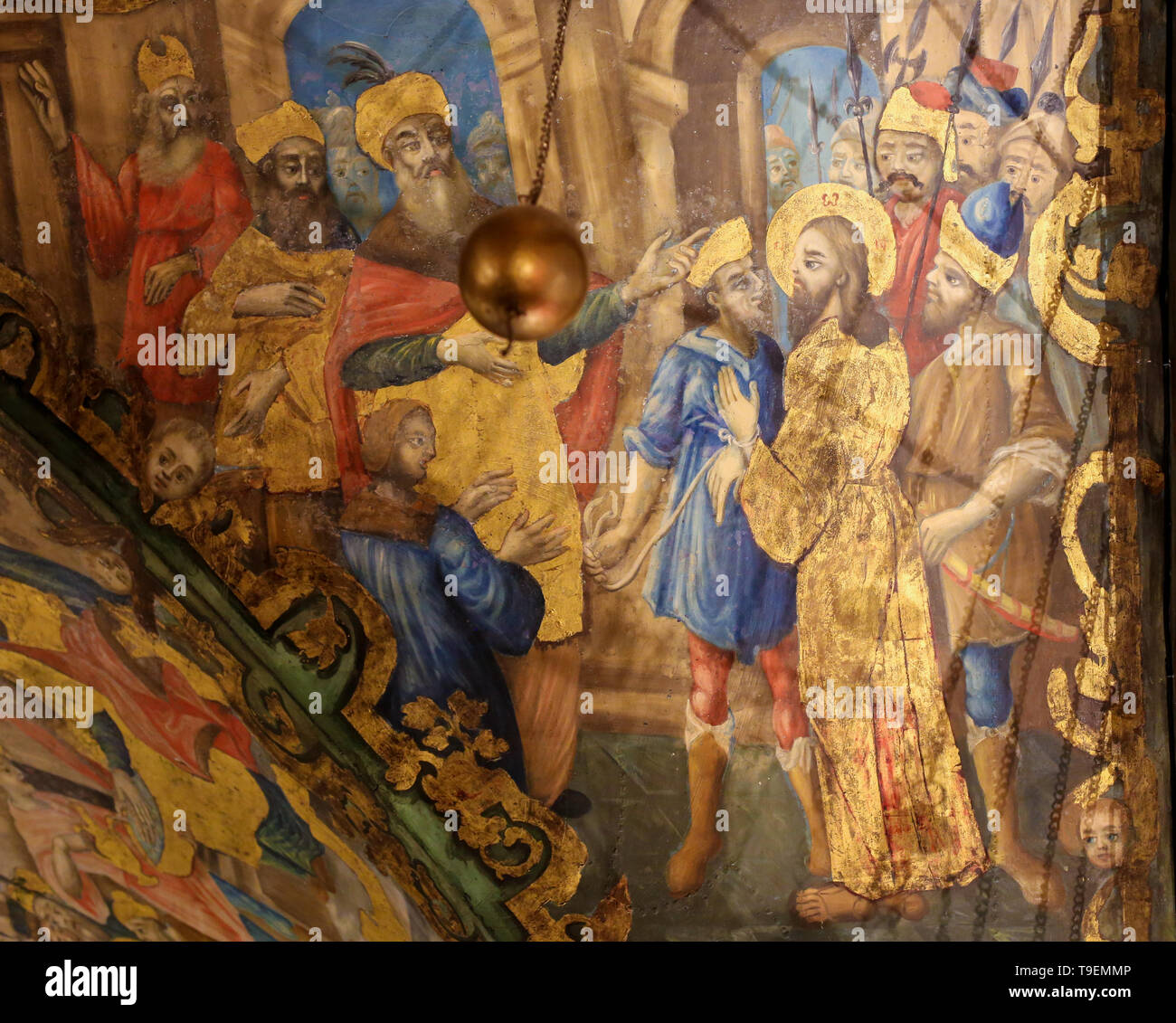 Greco-ortodossi affresco nella chiesa del Santo Sepolcro di Gerusalemme, raffiguranti Gesù arrestato il Venerdì Santo Foto Stock