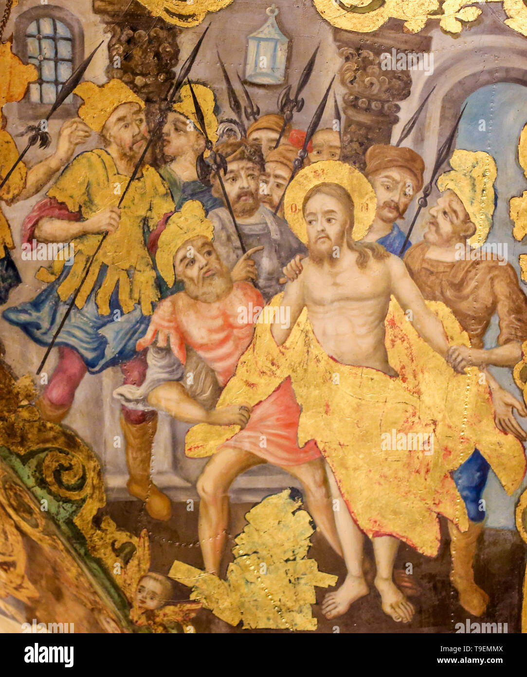 Greco-ortodossi affresco nella chiesa del Santo Sepolcro di Gerusalemme, raffiguranti Gesù spogliato delle sue vesti il Venerdì Santo Foto Stock