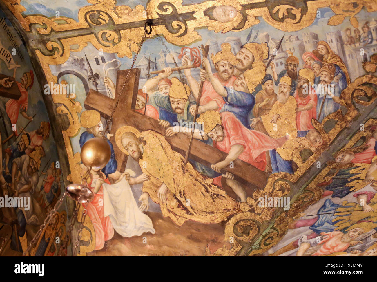 Greco-ortodossi affresco nella chiesa del Santo Sepolcro di Gerusalemme, raffigurante la caduta di Gesù sotto la croce sulla Via Dolorosa e incontro Veroni Foto Stock