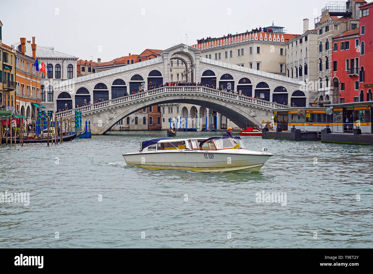 Venezia, Italia -8 APR 2019- Vista del caratteristico Ponte di Rialto sul Canal Grande a Venezia. Ingenti restauri e riparazioni erano finishe Foto Stock