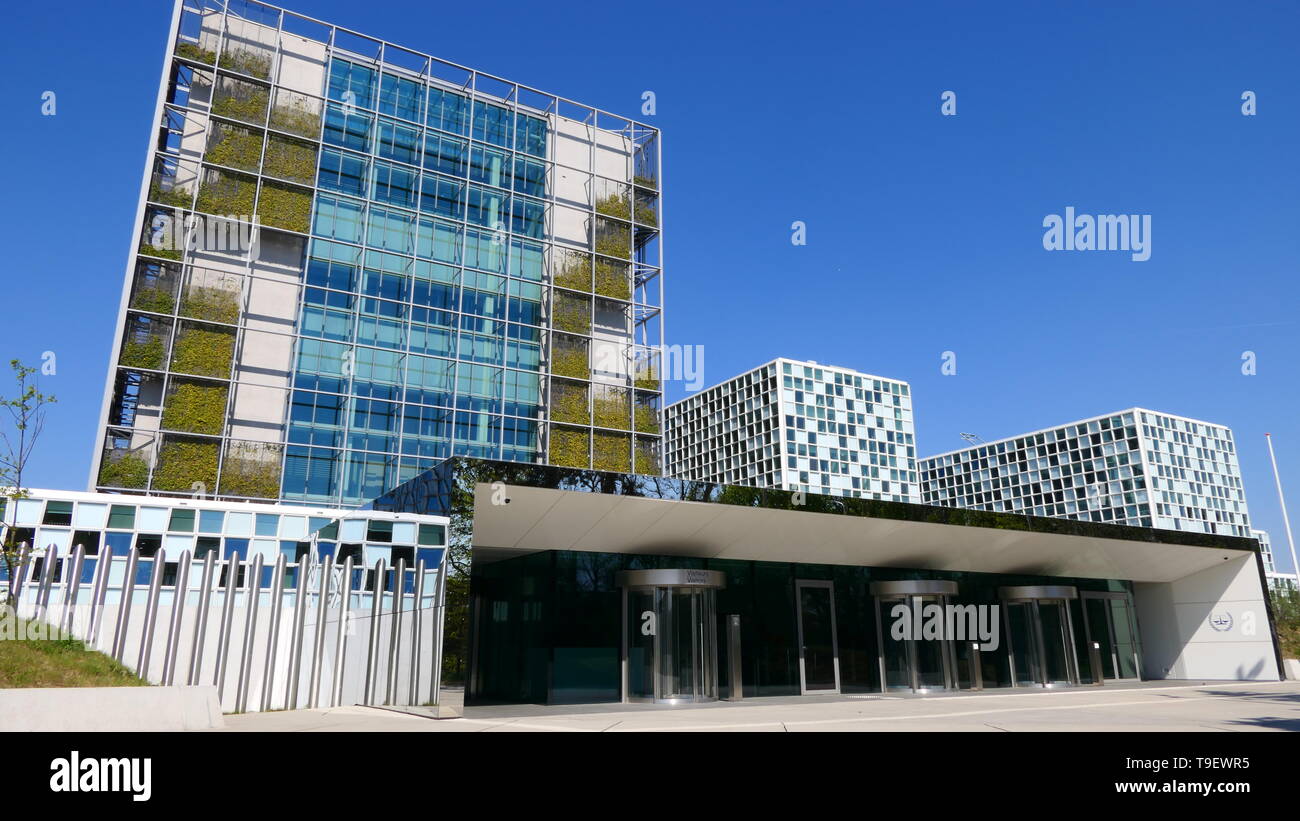 L'Aia, Paesi Bassi - 21 Aprile 2019: l'area di entrata della Corte Penale Internazionale nella città di L'Aia Foto Stock