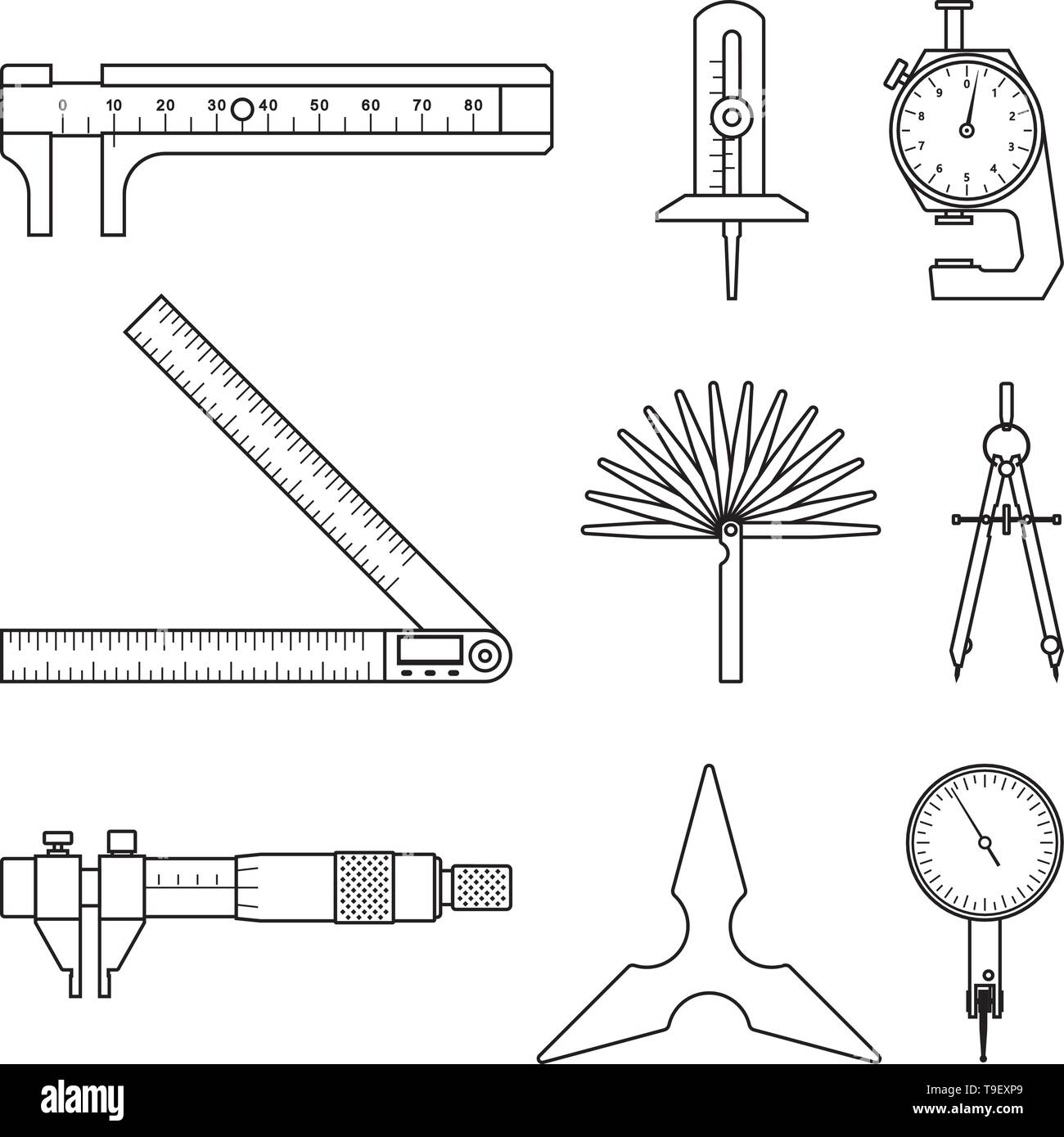 Set di strumento di misura. Icone di piatto. Vettore di linea sottile Illustrazione Vettoriale