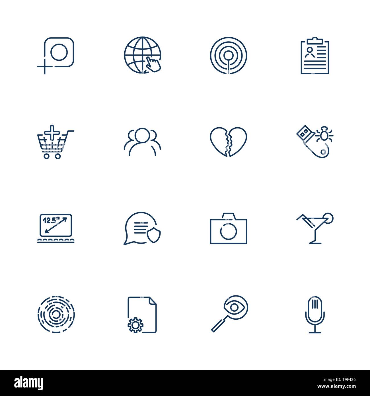 Semplice interfaccia utente diverse icone per le app, siti, programmi. Insieme con le icone della linea. Foto, fotocamera, microfono, laptop, unità flash, del mercato e di altri. Modificabile Illustrazione Vettoriale