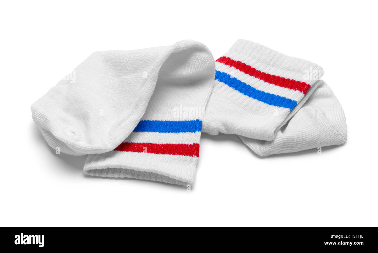 Due rosso, bianco e blu calze a righe isolate su bianco. Foto Stock
