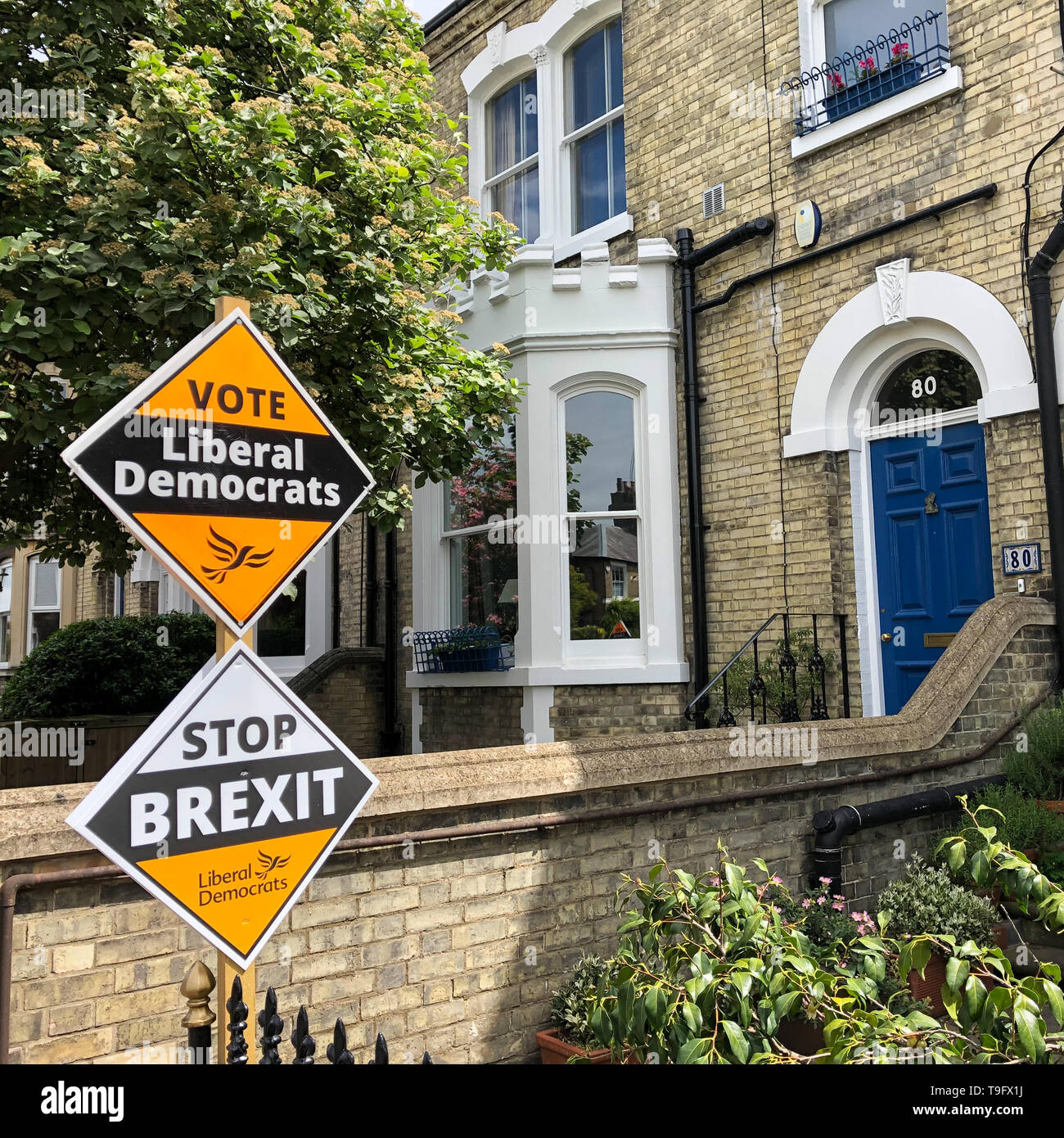 Cambridge, Inghilterra, Regno Unito - Maggio 2019:a votare i liberali democratici di arresto segno Brexit poster con case in stile vittoriano in background su una strada locale in Cambri Foto Stock
