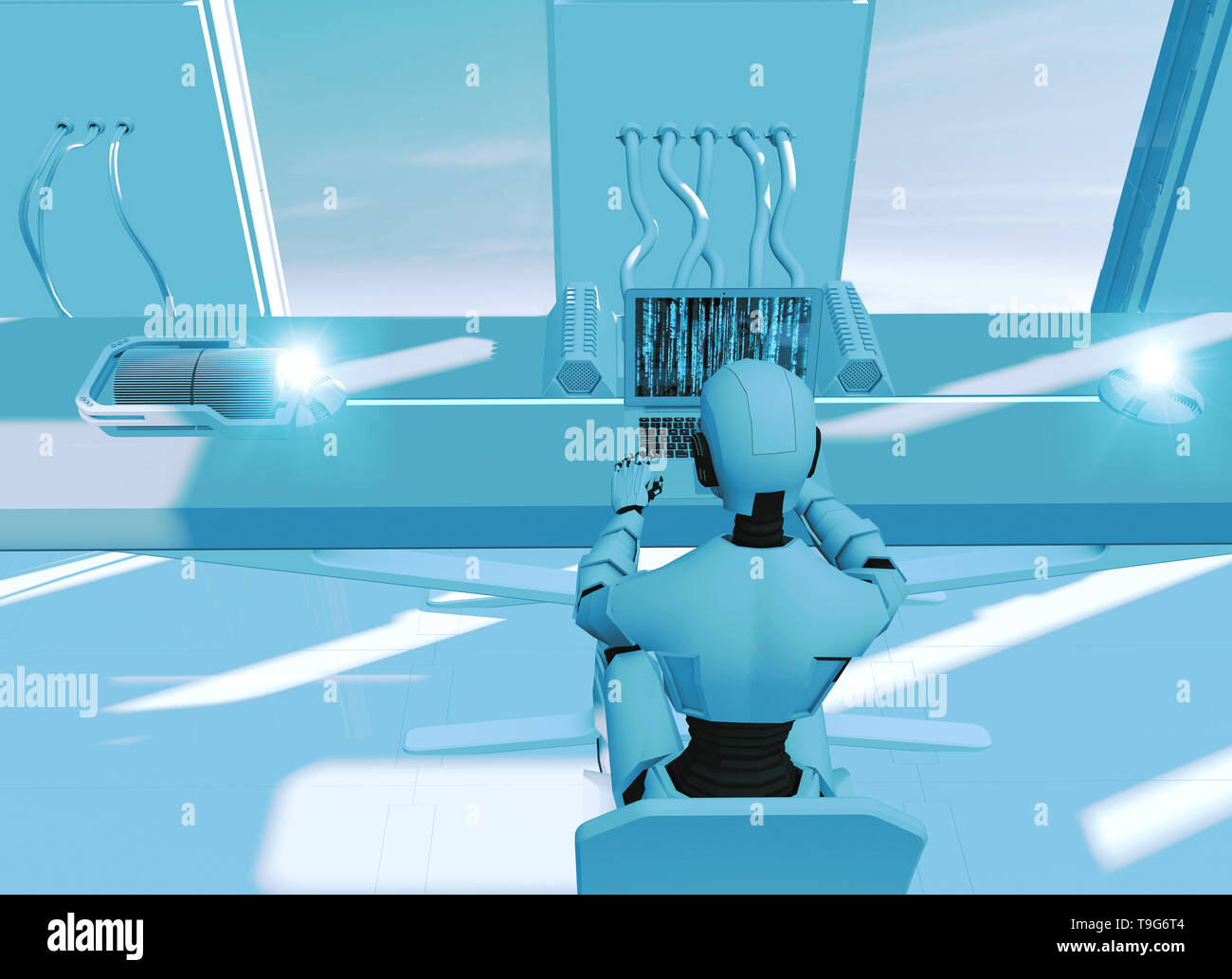 Intelligenza artificiale, cyborg. Robot. Hud, Head-up display della fantascienza. Sci-fi. Computer e programmazione, elaborazione dati. Progetto. 3D render Foto Stock