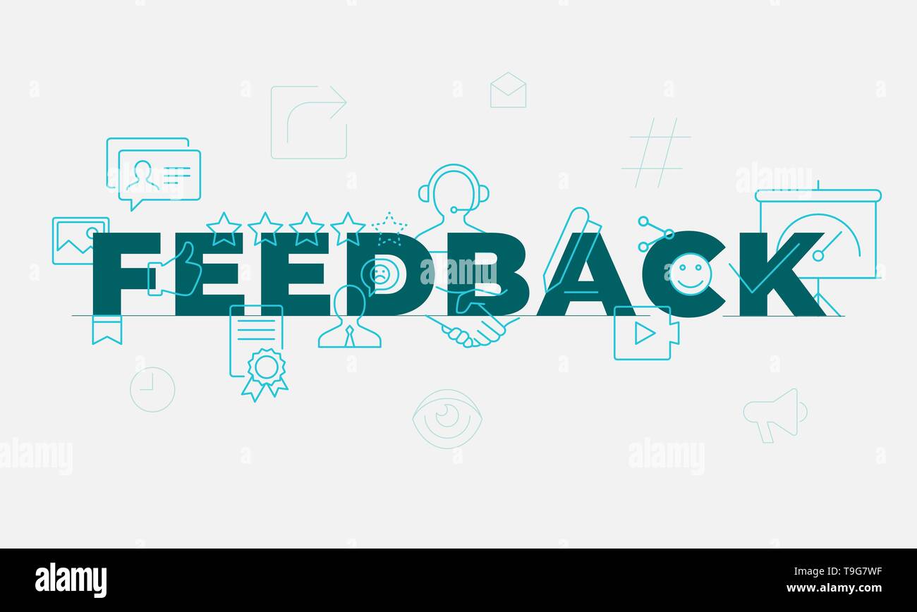 Feedback il concetto di parola. L'Employee Engagement. La soddisfazione del cliente. Isolato caratteri tipografici idea con le icone della linea. Revisione e consigli outli vettore Illustrazione Vettoriale