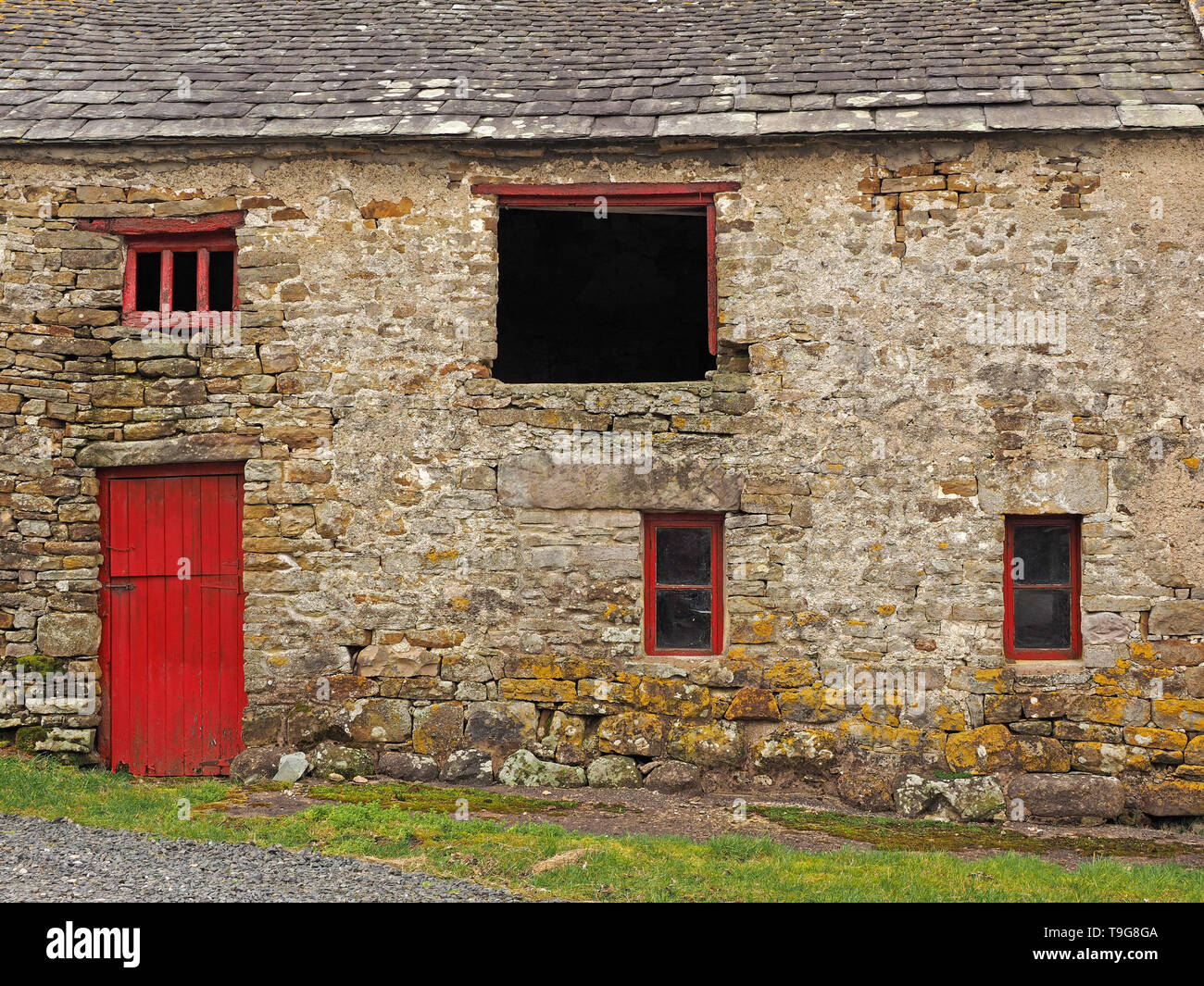 Antica pietra lichen coperti fienile con tetto in ardesia e stanco della vernice rossa sul legno irregolari in Cumbria,Inghilterra REGNO UNITO Foto Stock