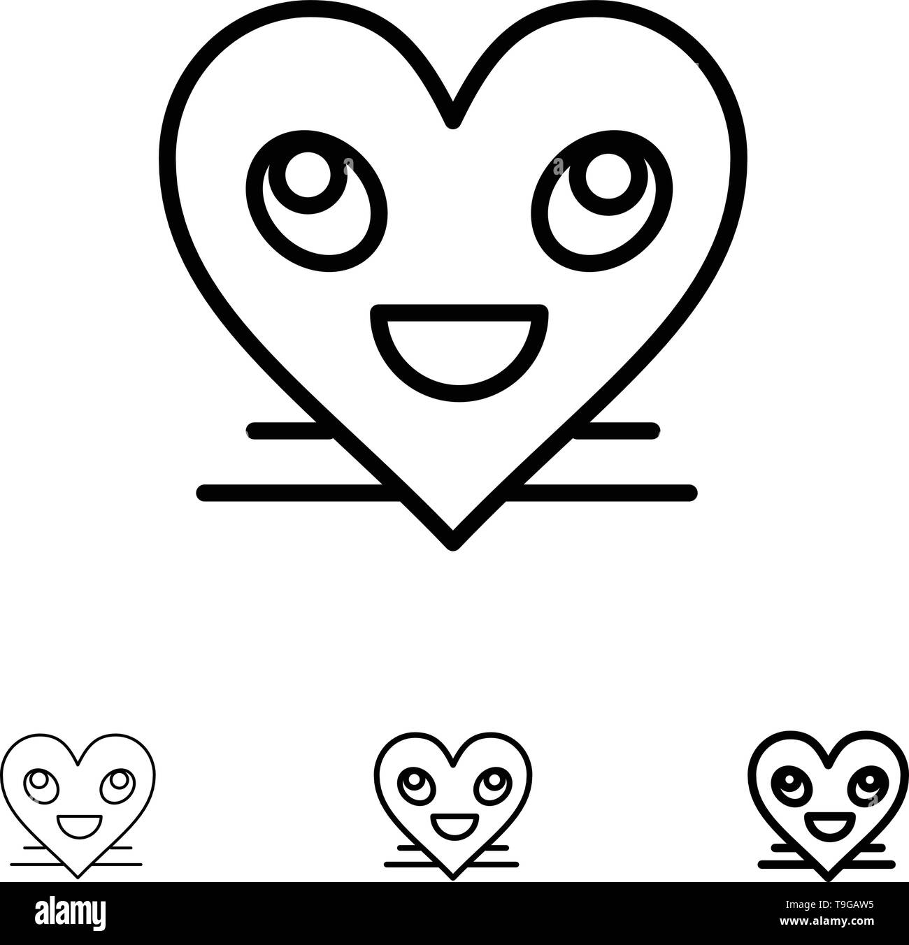 Cuore, Emojis, Smile, Volto, Smile Bold e la sottile linea nera icona impostare Illustrazione Vettoriale