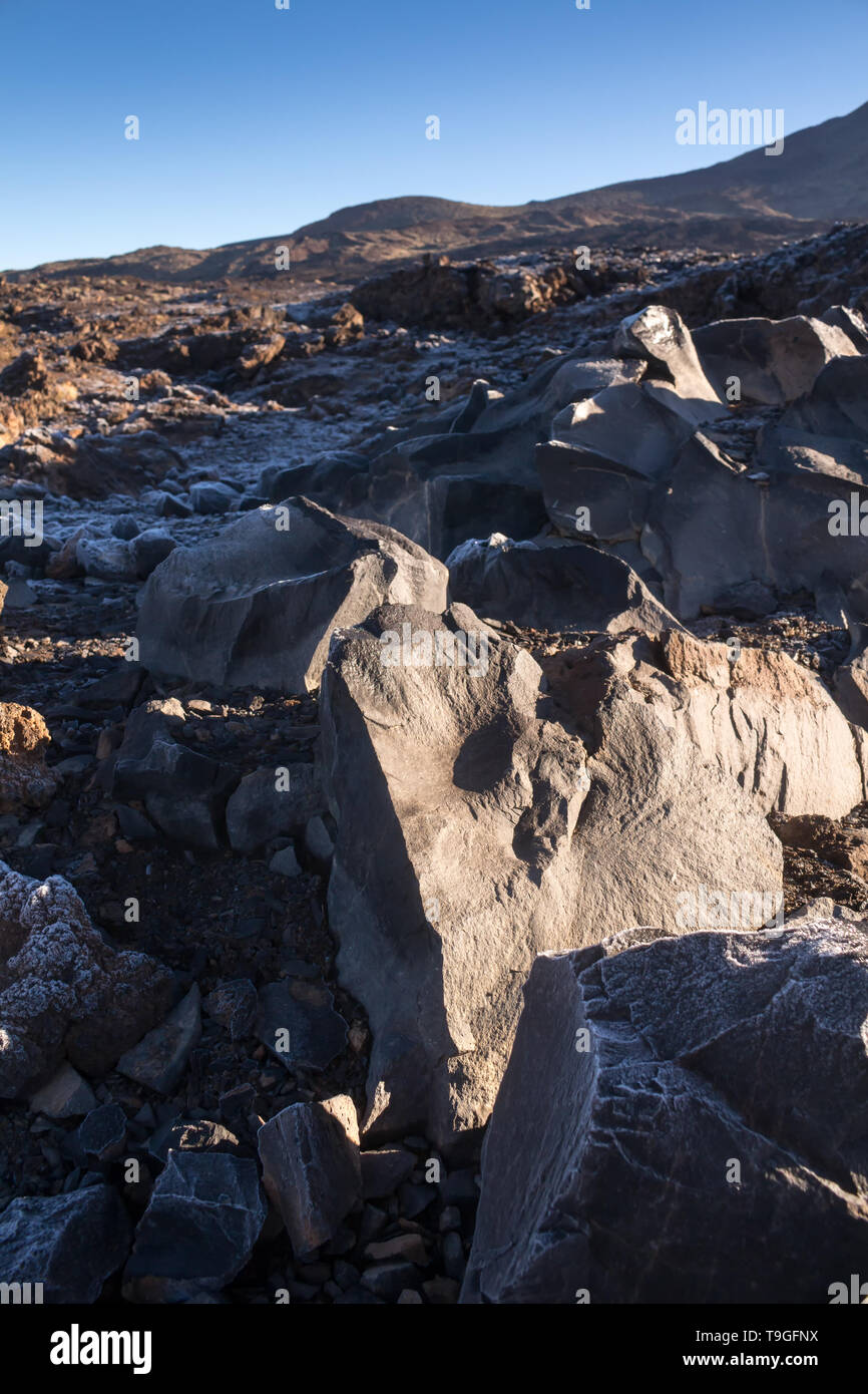 Sharp pietre di lava e rocce in un colore nero che copre il terreno nel Parco Nazionale del Teide. Tenerife, Isole Canarie, Spagna. Foto Stock