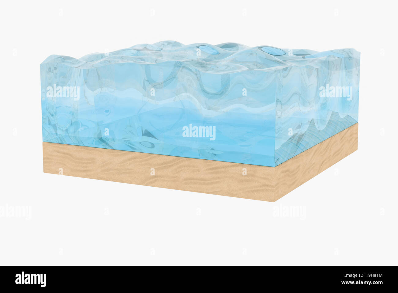 La luce blu onda acqua cubo, creative con sfere bolla, rendering 3d. Concetto di risorse idriche Foto Stock