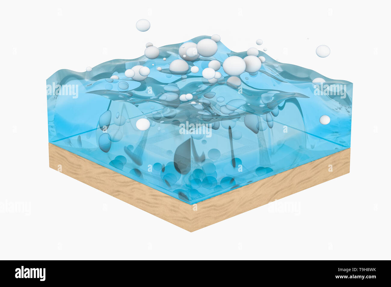 La luce blu onda acqua cubo, creative con sfere bolla, rendering 3d. Concetto di risorse idriche Foto Stock