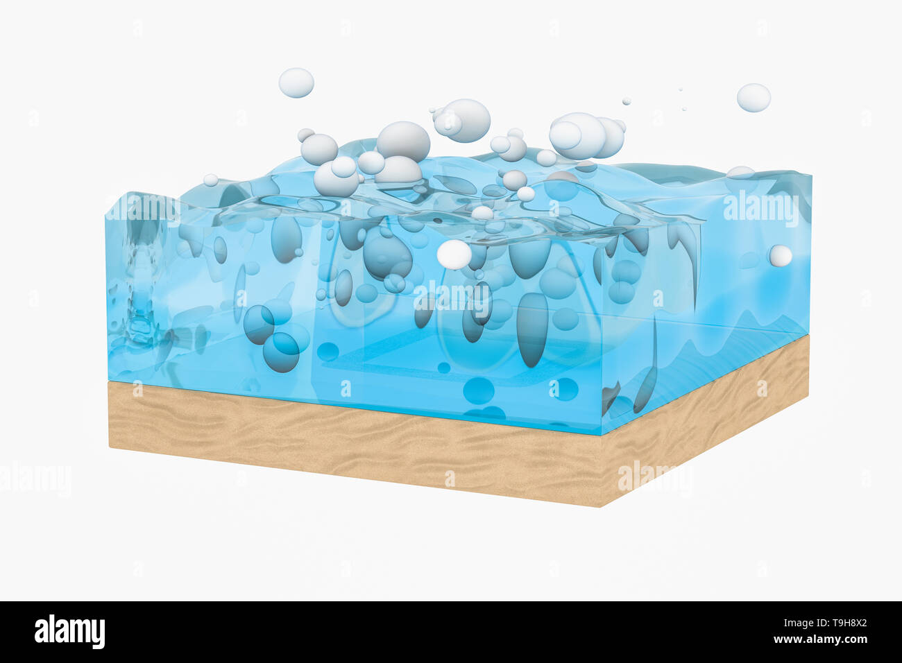 La luce blu onda acqua cubo, creative con sfere bolla, rendering 3d. Concetto di risorse idriche Foto Stock
