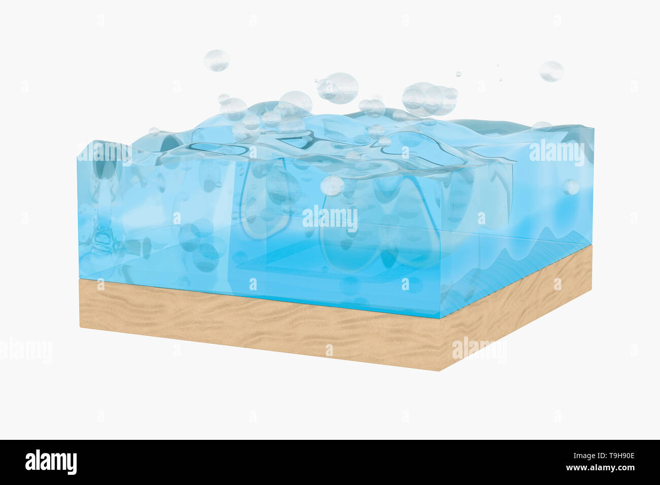 La luce blu onda acqua cubo, creative con sfere bolla, rendering 3d. Concetto di risorse idriche Foto Stock