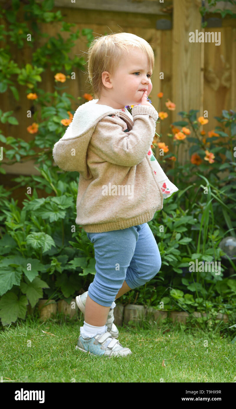 Giovane ragazza bimbo di due anni e mezzo di età posie prelievo di fiori da giardino guardando preoccupato Foto Stock