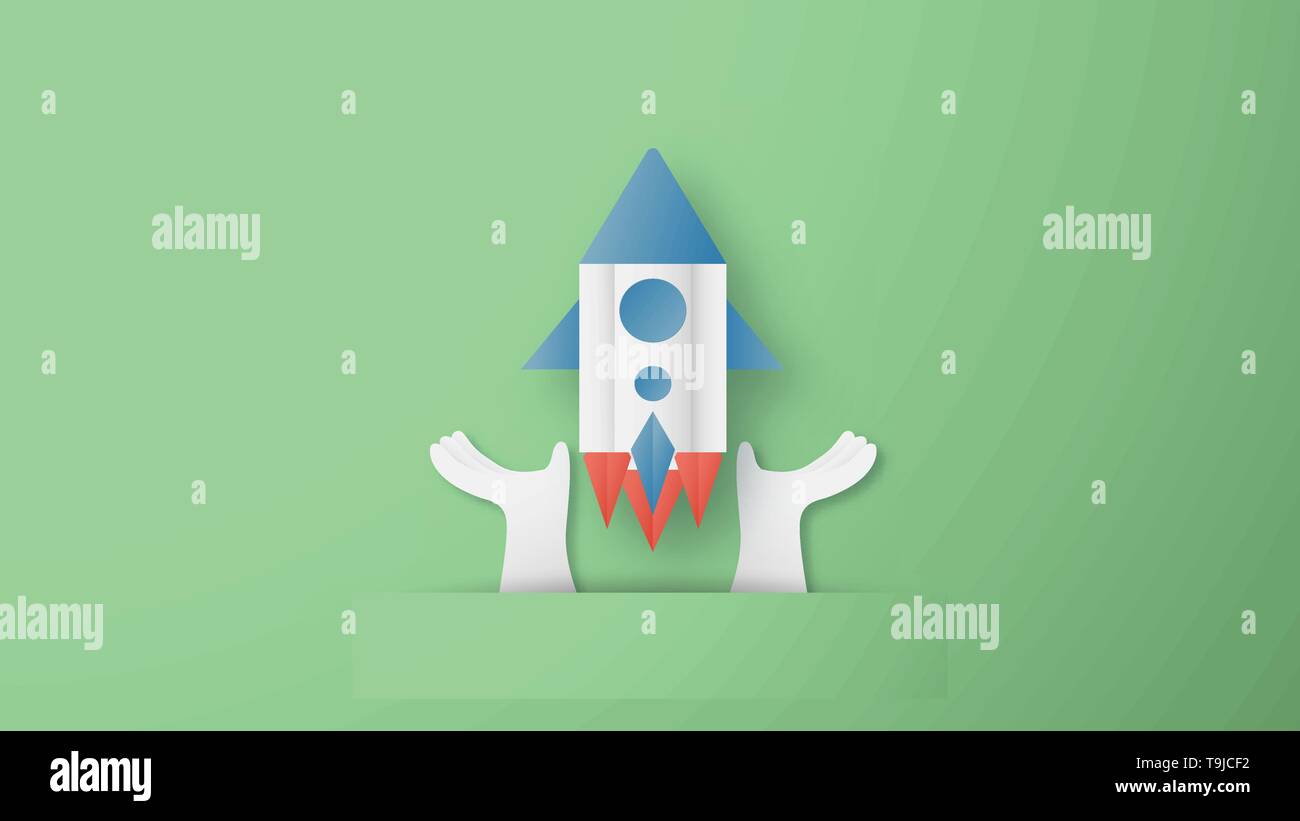 Illustrazione Vettoriale con start up concetto in carta tagliata, artigianale e stile origami. Rocket è volare sul cielo blu. Modello di progettazione per il web banner, poster, Illustrazione Vettoriale