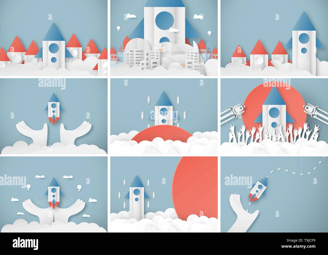 Illustrazione Vettoriale con start up concetto in carta tagliata, artigianale e stile origami. Rocket è volare sul cielo blu. Modello di progettazione per il web banner, poster, Illustrazione Vettoriale