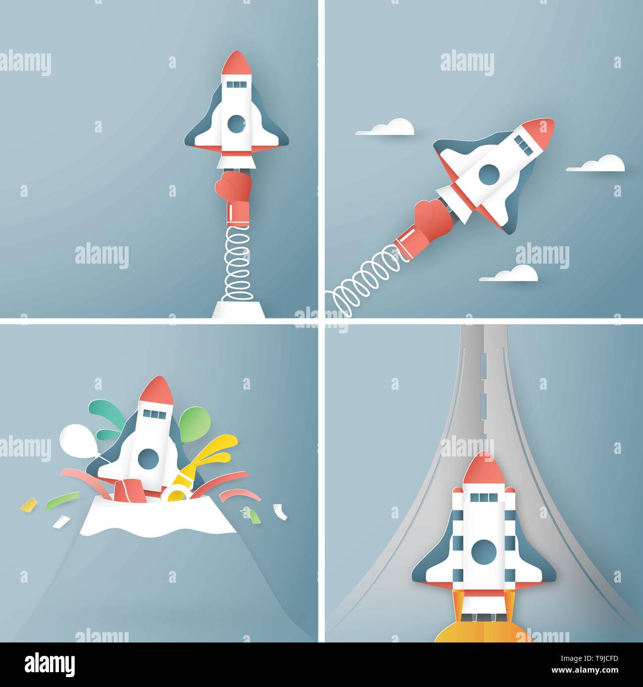 Illustrazione Vettoriale con start up concetto in carta tagliata, artigianale e stile origami. Rocket è volare sul cielo blu. Modello di progettazione per il web banner, poster, Illustrazione Vettoriale