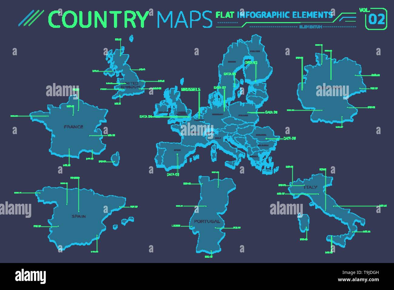 Europa, Regno Unito, Francia, Spagna, Portogallo, Italia e Germania mappe vettoriali Illustrazione Vettoriale