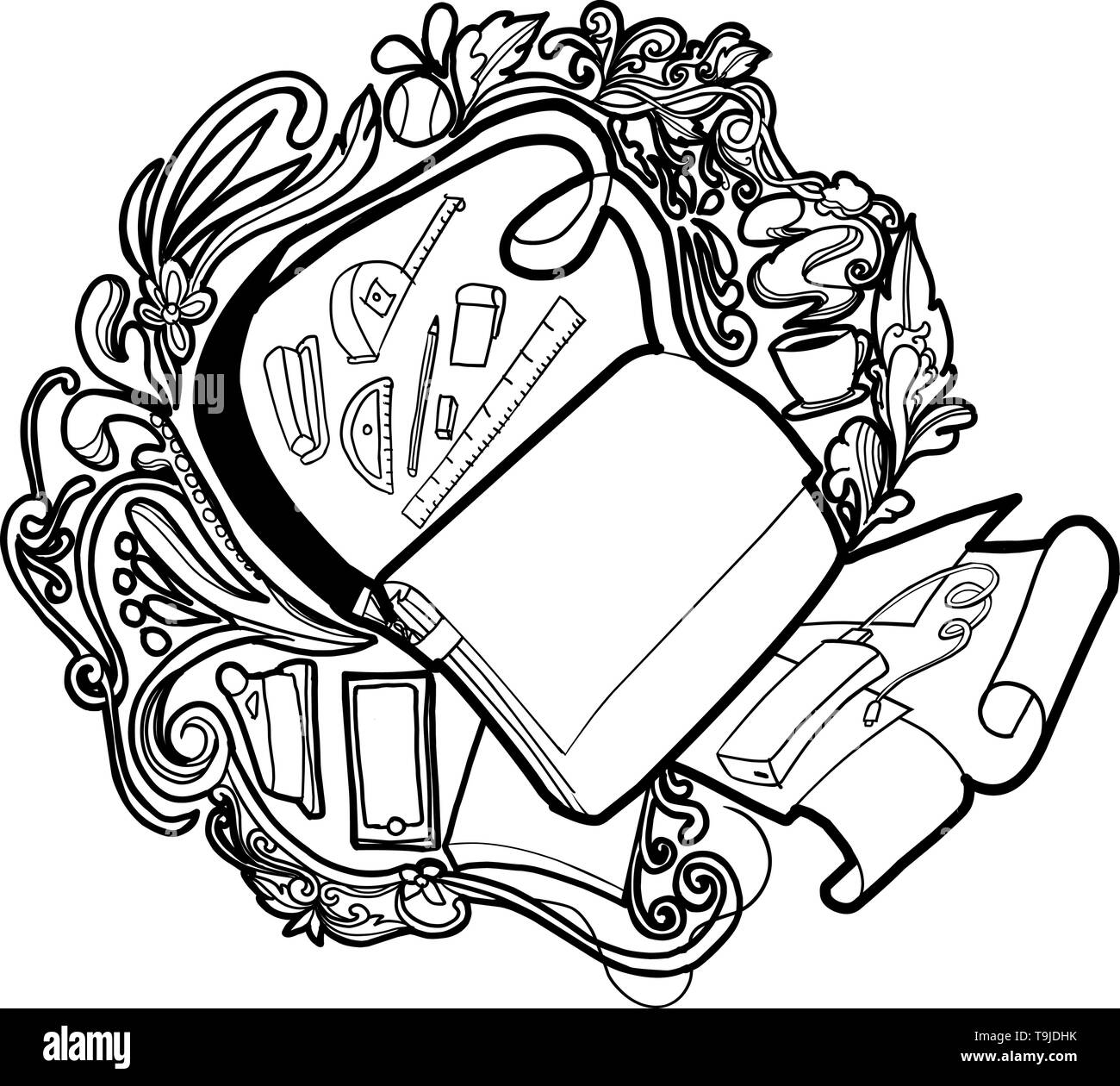 Concetto di doodle ornamento vettore di disegno di studio o di apprendimento nella moderna tecnologia e ambiente accogliente stile di vita Illustrazione Vettoriale