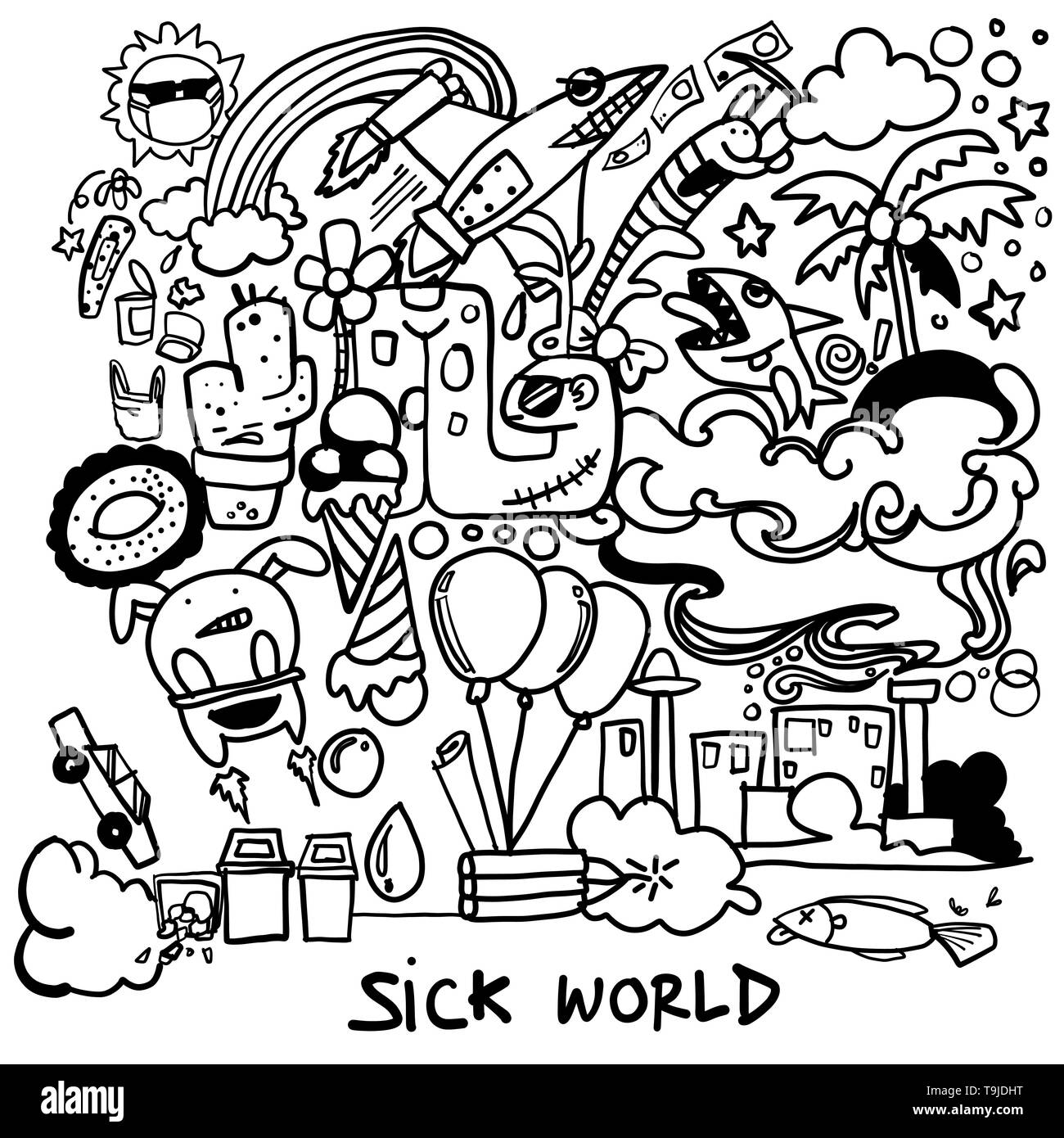 Doodle vettore digitale draw del malato mondo con cattivo ambiente da un essere umano Illustrazione Vettoriale