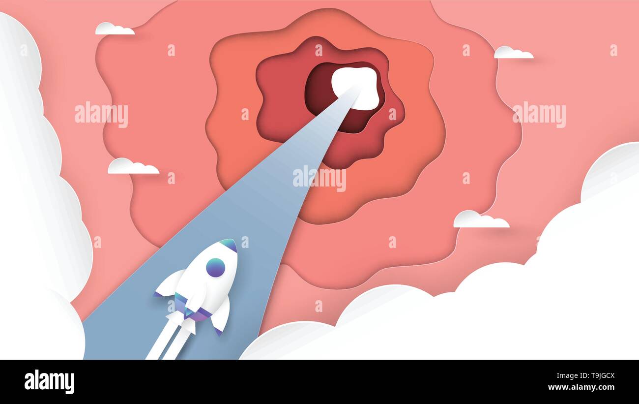 Illustrazione Vettoriale con start up concetto in carta tagliata, artigianale e stile origami. Rocket è volare. Modello di progettazione per il web banner, poster, coperchio, adve Illustrazione Vettoriale