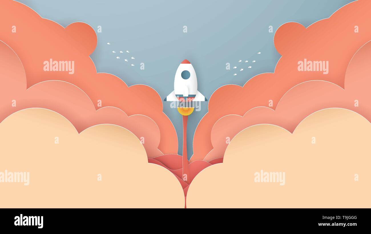 Illustrazione Vettoriale con start up concetto in carta tagliata, artigianale e stile origami. Rocket è volare. Modello di progettazione per il web banner, poster, coperchio, adve Illustrazione Vettoriale