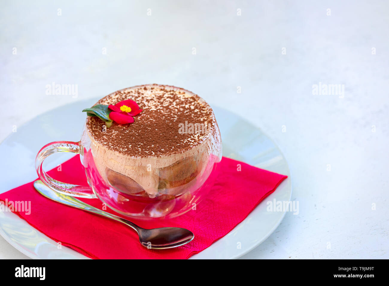Famoso caffè Tiramisù decorate con cacao Cioccolata fiore in vetro - popolare italiana tradizionale dessert con crema di mascarpone, liquore caffè espresso Foto Stock