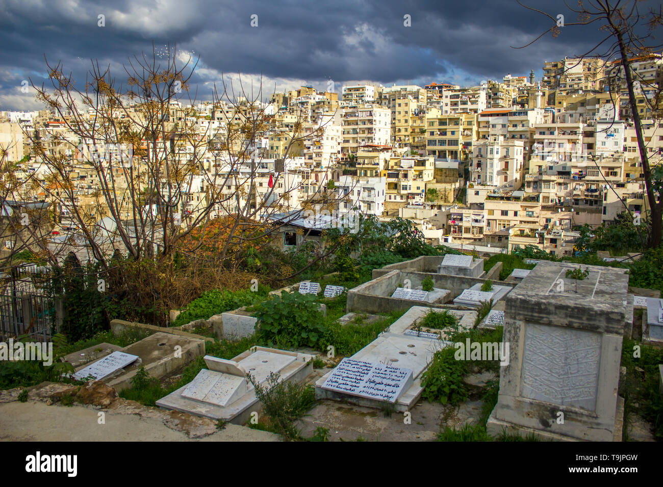 Tripoli, Libano - 15 Gennaio 2016: Cimitero e vista dall'alto sulla zona residenziale a Tripoli in Libano Foto Stock