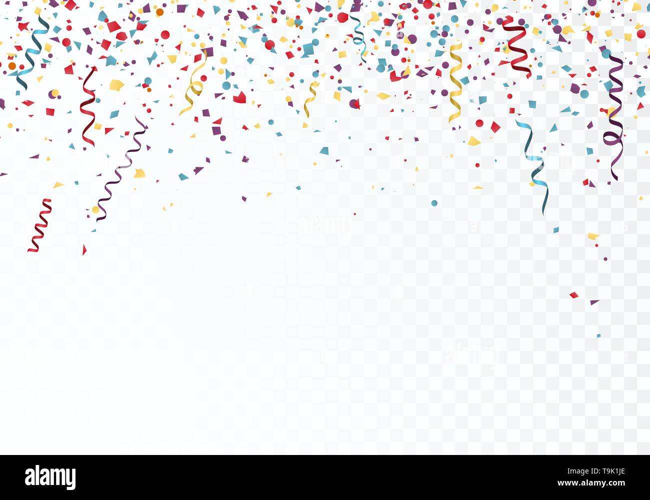 Celebrazione o festival colorato modello con la caduta di coriandoli di carta e nastri. Illustrazione di vettore isolato su sfondo trasparente Illustrazione Vettoriale