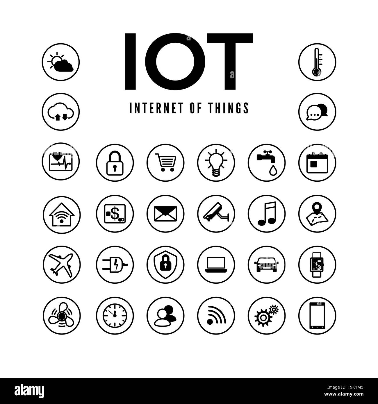 IOT set di icone. Internet delle cose pittogramma collezione. Il sistema intelligente di monitoraggio remoto e controllo. Illustrazione di vettore isolato su sfondo bianco Illustrazione Vettoriale