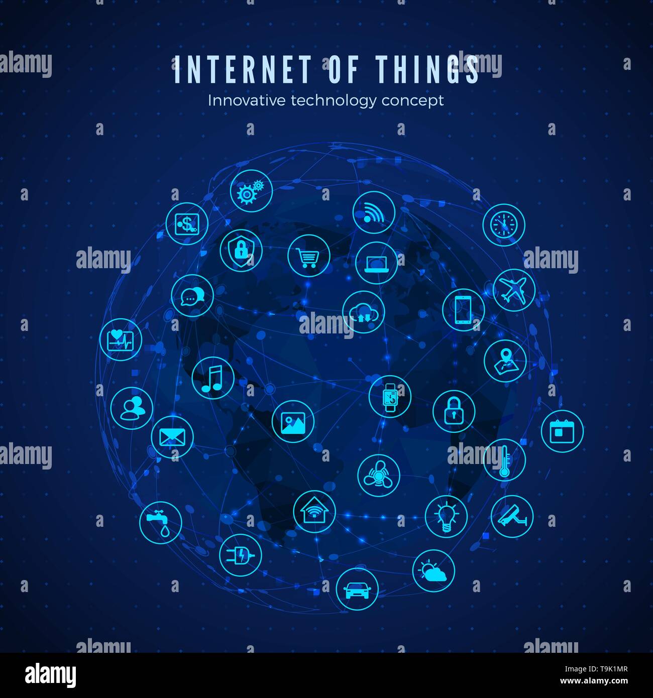 Internet delle cose. IOT concetto. Rete globale di connessione. Il monitoraggio e il controllo di sistemi intelligenti le icone sulla rete globale e lo sfondo della mappa. Il vettore Illustrazione Vettoriale