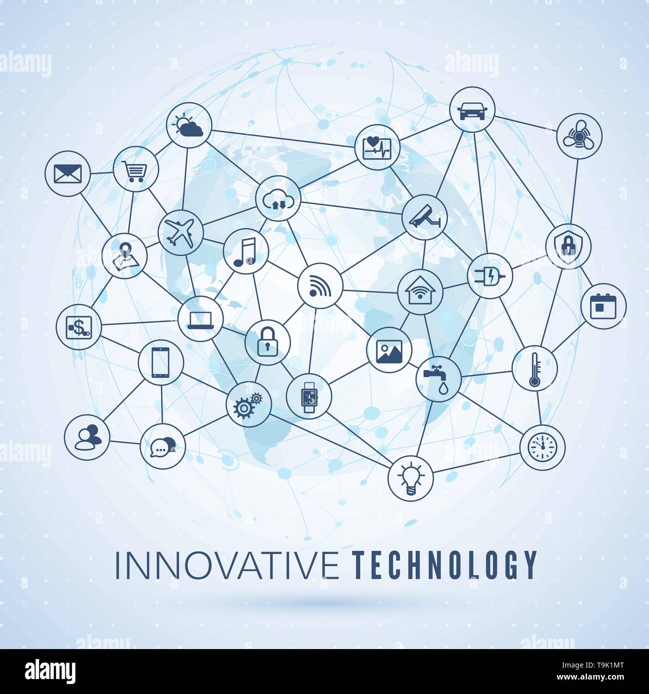 Internet delle cose. IOT concetto. Rete globale di connessione. Il monitoraggio e il controllo di sistemi intelligenti le icone sulla mappa del globo sfondo. Illustrazione Vettoriale Illustrazione Vettoriale