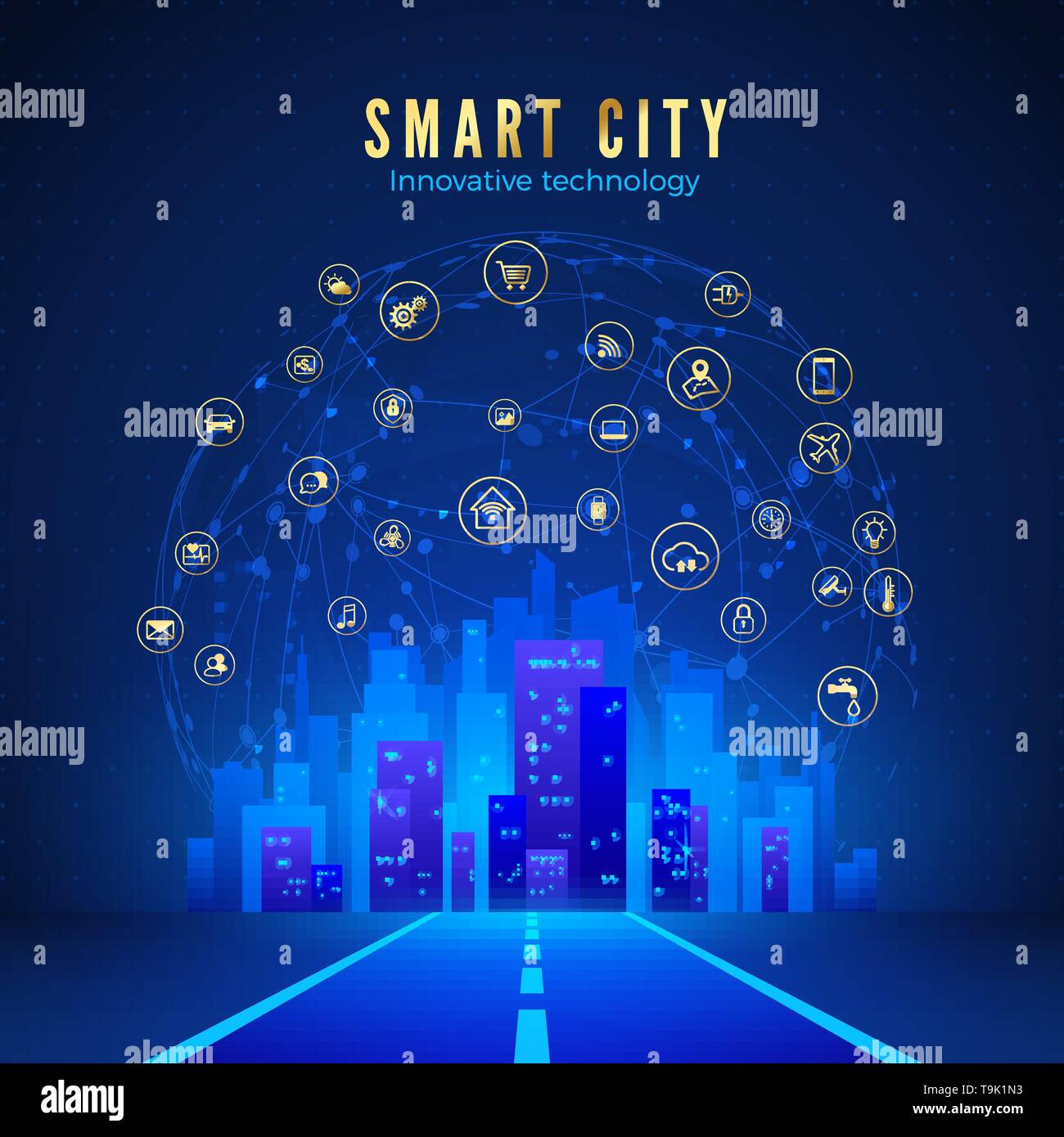 Smart city o concetto IOT. Strada che conduce al paesaggio cittadino in colore blu e global web con sistemi intelligenti icone sullo sfondo. Illustrazione Vettoriale Illustrazione Vettoriale