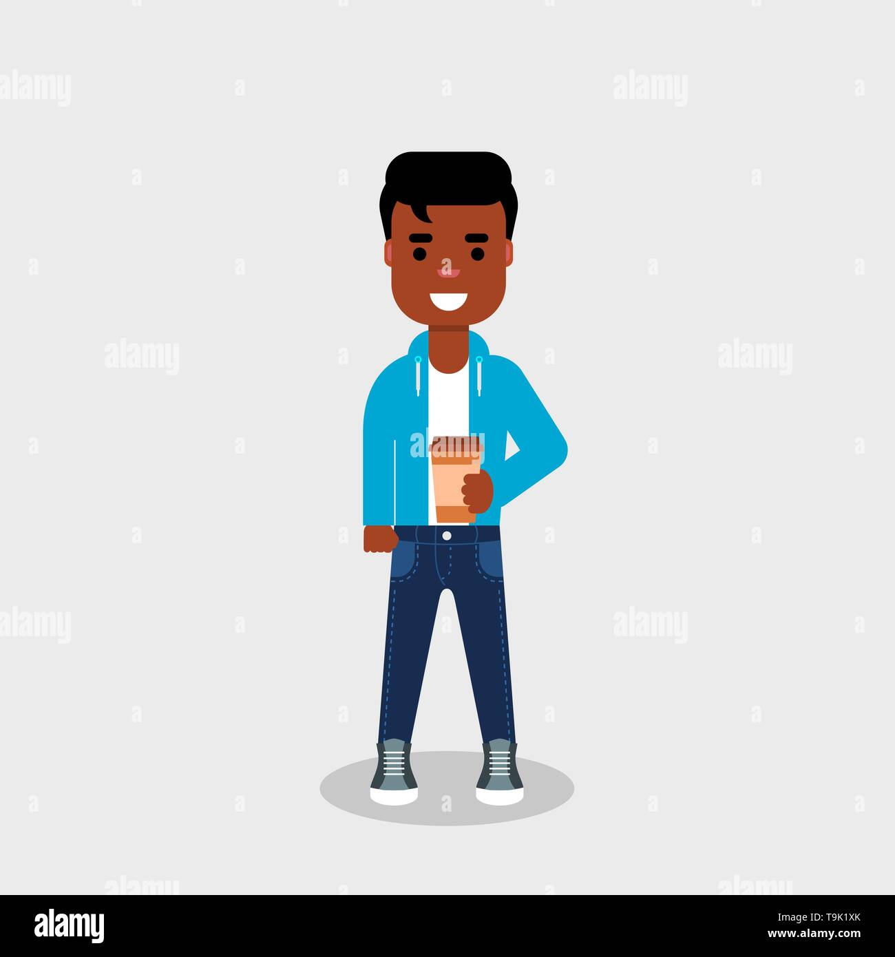 Giovane africano uomo americano con caffè per andare in mano. Geek gode di bere in una carta monouso cup. Giovani sorridenti vestiti casual uomo di bere il caffè Illustrazione Vettoriale