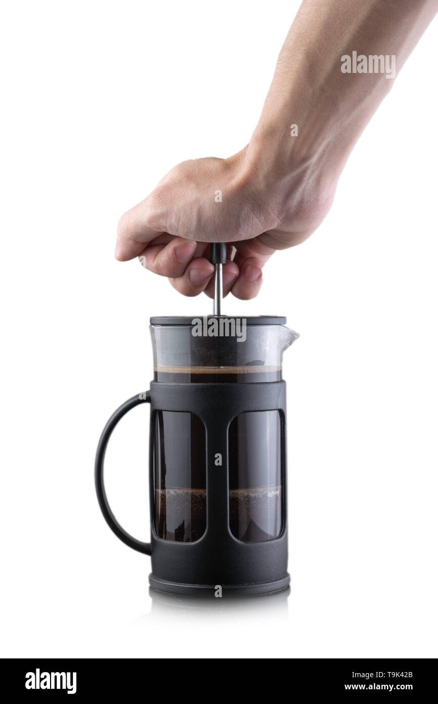 French press isolato su bianco, caffè processo Foto Stock